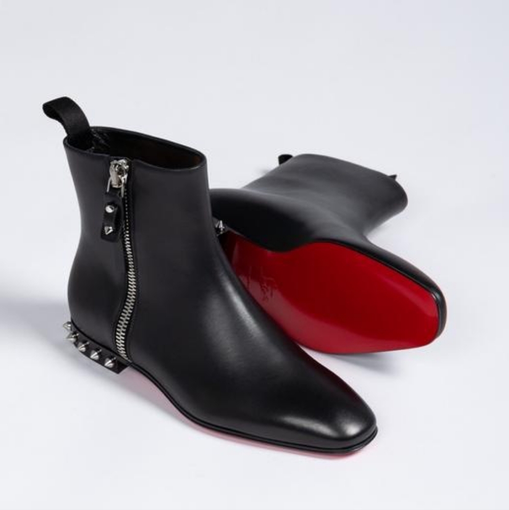 Christian Louboutin Black Leather Ankle Booties with Red Soles a